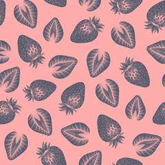 Strawberry seamless pattern. Colorful vivid print with hand drawn berries. Repeated luxury design for packaging, cosmetic, menu, cafe, textile. Realistic detailed illustration.