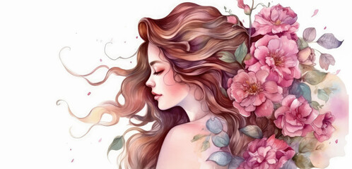 Watercolor young woman with flowers portrait art. Colorful creative watercolor illustration