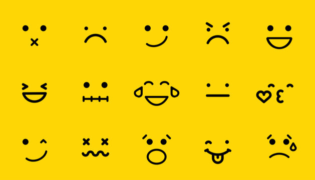 Smile line emotion icons on yellow background. Smile sign collection