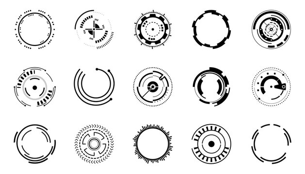 Set of circle futuristic interface technology hud icons. Sci fi black circle user interface elements. HUD round frames and borders, aim control and digital interface
