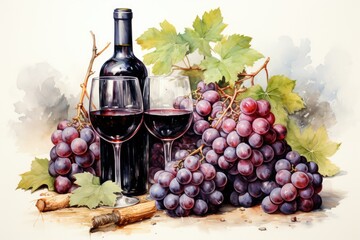 Set of white watercolor grapes and wine isolated on white. AI Generated