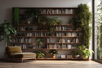 A bookshelf decorated with plants - obrazy, fototapety, plakaty