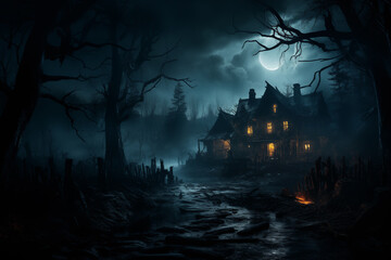 A gloomy hut in a dark forest on a moonlit night