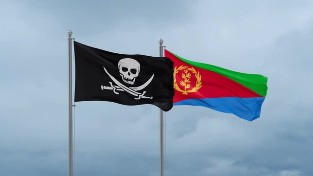 Eritrea and Corsair flag waving together on cloudy sky, endless seamless loop, two country cooperation concept