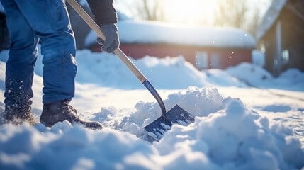 A person removing snow from a path with a shovel on a snowy day. Snow shoveling close-up. - obrazy, fototapety, plakaty