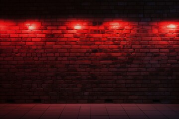 A brick wall illuminated from below with neon red light