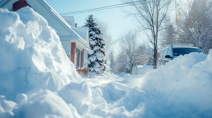 Snowfall and snowdrifts near a private house in the village. Village surrounded by snowdrifts. - obrazy, fototapety, plakaty