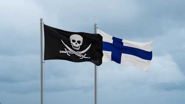 Finland flag and Corsair flag waving together on cloudy sky, endless seamless loop, two country relations concept