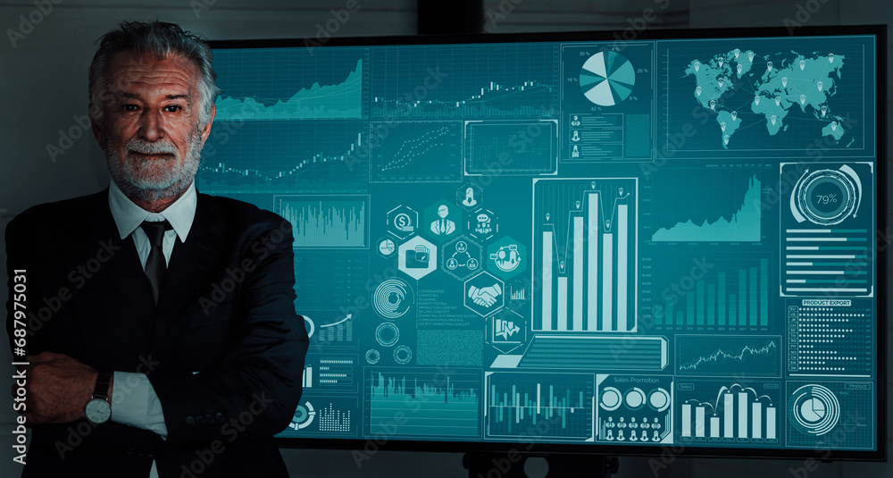 Poster data analysis for business and finance concept. interface showing future computer technology of prof