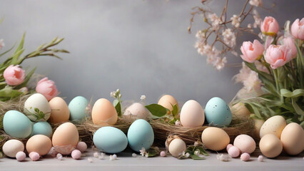 Colorful easter eggs in nest with spring flowers on grey background