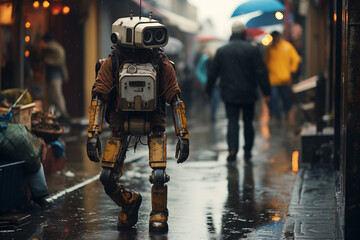 a robot on the street among the townspeople on a rainy day