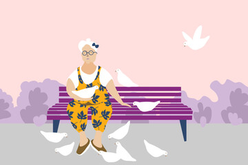 Cute elderly woman sitting on a bench in a city park. Senior women resting outdoors. Grandmother feeds the pigeons. Minimalistic flat design. Cartoon style.