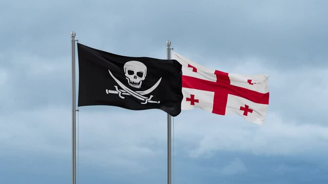 Georgia flag and Corsair flag waving together on cloudy sky, endless seamless loop, two country relations concept