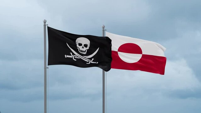 Greenland flag and Corsair flag waving together on cloudy sky, endless seamless loop, two country relations concept