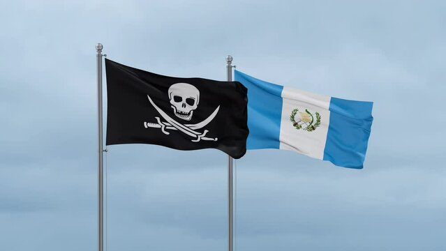 Guatemala flag and Corsair flag waving together on cloudy sky, endless seamless loop, two country relations concept