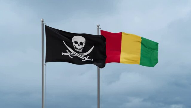 Republic of Guinea flag and Corsair flag waving together on cloudy sky, endless seamless loop, two country relations concept