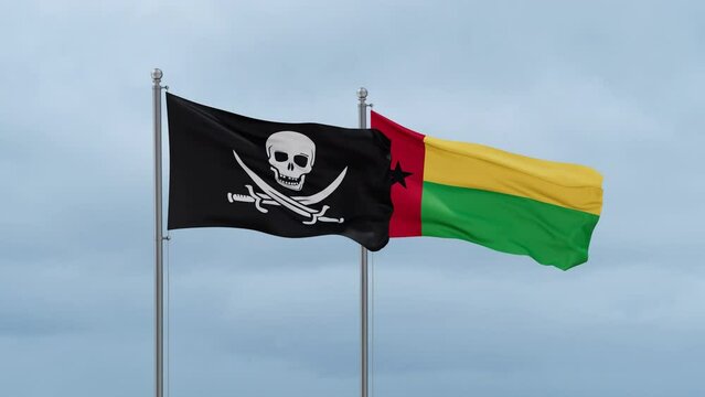 Guinea-Bissau flag and Corsair flag waving together on cloudy sky, endless seamless loop, two country relations concept