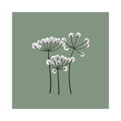 Vector card with hand drawn graceful dill umbels. Beautiful ink drawing, vintage style, botanical illustration.