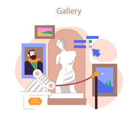 Museum or art gallery space showcasing diverse artworks, from classic marble statues to contemporary paintings. Aphrodite of Melos. Flat vector illustration