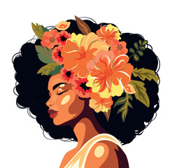 Postcard banner Happy International Women's Day Beautiful flowers in your hair. Hairstyle. Feminism. Vector concept of movement for gender equality and women's empowerment