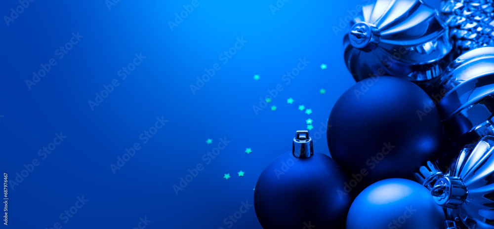 Canvas Prints Christmas and New Year blue color baubles decoration background.  Art design backdrop with holiday ball. Beautiful Christmas balls closeup. Copy space