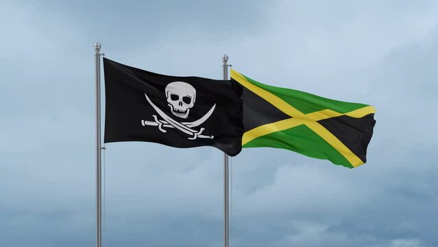 Jamaica and Corsair flag waving together on cloudy sky, endless seamless loop, two country cooperation concept