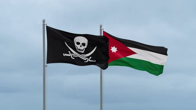 Jordan flag and Corsair flag waving together on cloudy sky, endless seamless loop, two country relations concept