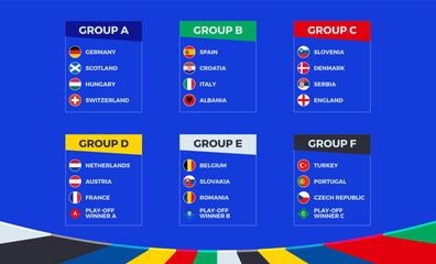 Flags of European football tournament 2024 sorted by group on blue background. - obrazy, fototapety, plakaty