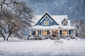 Snow in front of house in winter.