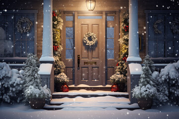 Snow in front of home door in winter