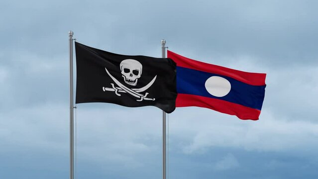 Laos flag and Corsair flag waving together on cloudy sky, endless seamless loop, two country relations concept