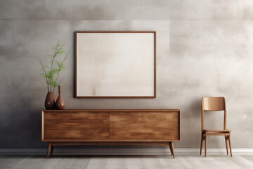 Wooden dresser near concrete wall with frame. Vintage home interior design of living room. Generative AI