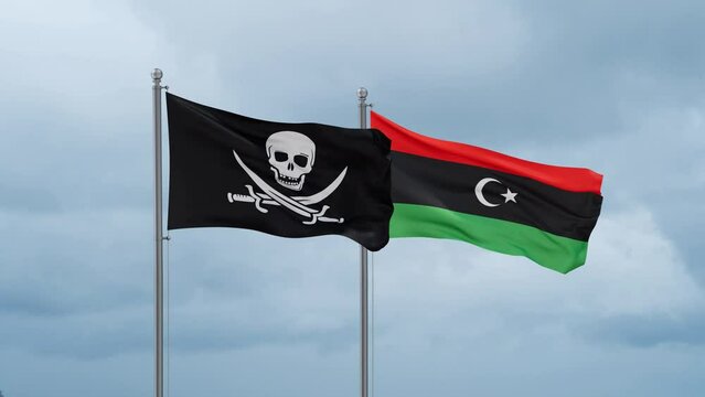Libya and Corsair flag waving together on cloudy sky, endless seamless loop, two country cooperation concept