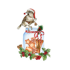 Christmas composition with glass bottle with gingerbread inside and sparrow. Watercolor hand drawn illustration. New Year's card,perfect for wedding, invitations, blogs, card templates, patterns.