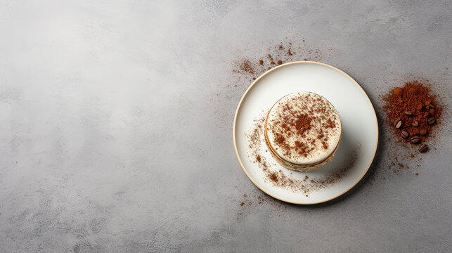 tiramisu on a plate imagery in a minimalistic photographic approach, top view, with empty background, with empty copy space