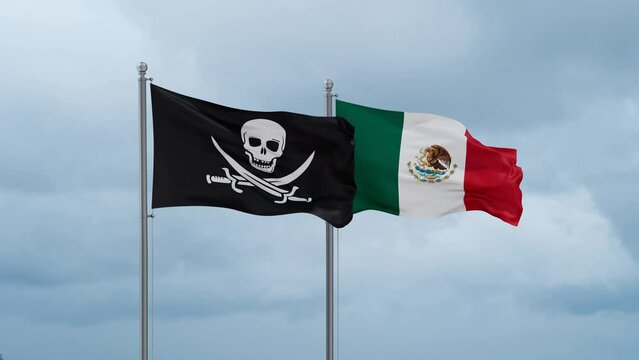 Mexico flag and Corsair flag waving together on cloudy sky, endless seamless loop, two country relations concept