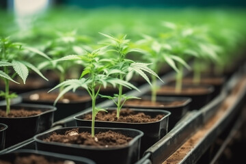 marijuana grows in pots in a greenhouse
