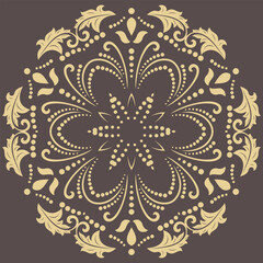 Oriental vector ornament with arabesques and floral elements. Traditional classic brown golden round ornament. Vintage pattern with arabesques