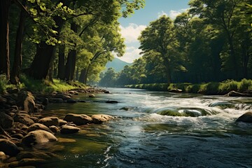 Obraz premium Landscape with trees along the river in the valley. Generative AI Art. Beautiful view.