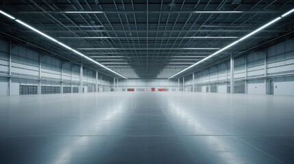 The interior of a large modern empty industrial warehouse.