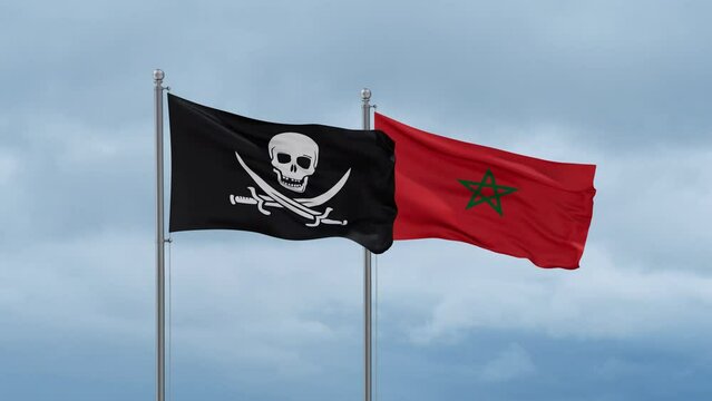 Morocco flag and Corsair flag waving together on cloudy sky, endless seamless loop, two country relations concept