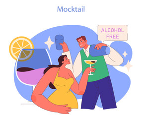 Sober Celebration concept. Enjoying festive moments with non-alcoholic drinks. Health-conscious partying. Cheerful social gathering. Flat vector illustration