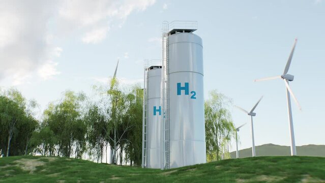 The concept of storing electrical energy in hydrogen by electrolysis. The system captures an electrolysis unit, storage tanks, solar and wind power plants on a lush lawn among the trees. 3d rendering.