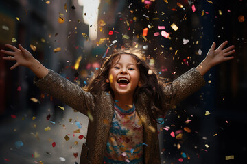 Little girl in a festive dress on a street with raised hands, confetti fly around. Concept for birthday party, greeting cards and holiday social media posts.