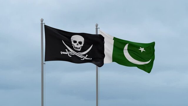 Pakistan flag and Corsair flag waving together on cloudy sky, endless seamless loop, two country relations concept