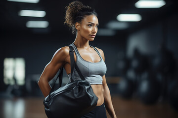 Portrait of beautiful fit woman with fitness bag at gym.