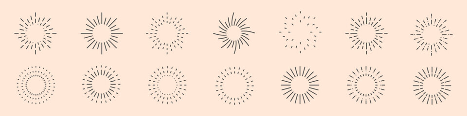 Round sunburst, line radial frame, sun rays icon set