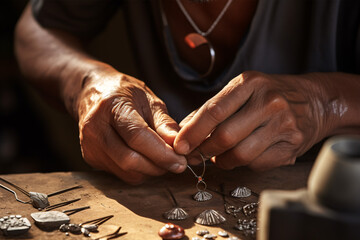 A close view of two hands skilfully creating a handmade adornment utilizing classic artisanal methods. - obrazy, fototapety, plakaty