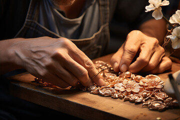 A close view of dexterous fingers fashioning a handcrafted trinket utilizing ancestral artisan approaches.
