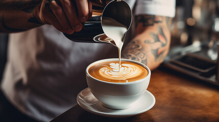 A close-up of a barista pouring steamed milk into a cup of espresso, forming attractive latte art.